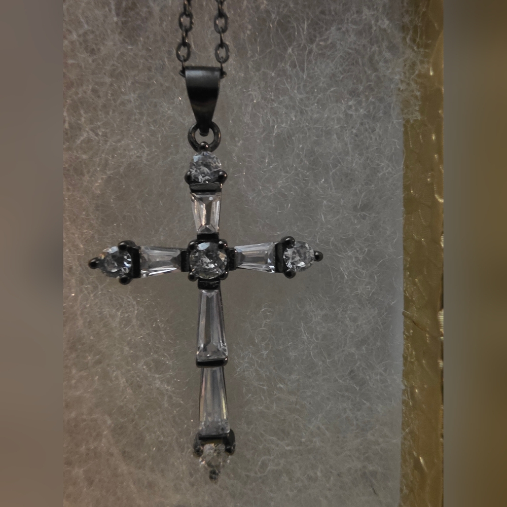 Gothic Oxidized Sterling Silver 925 CZ Cross Pendant Necklace - Picture 2 of 6